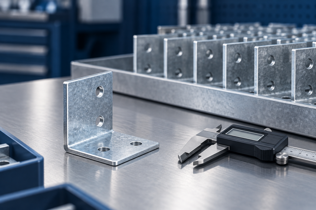Conceptual quality inspection setup with a galvanized steel bracket, digital caliper and organized components
