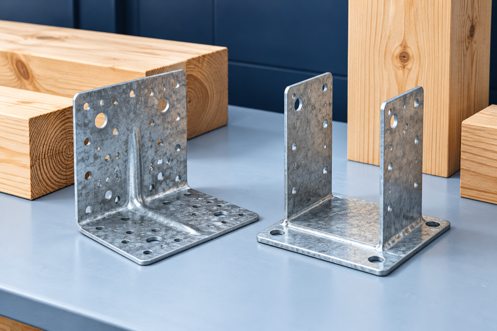 Illustration of a galvanized timber angle bracket and U-shaped post support beside wood samples