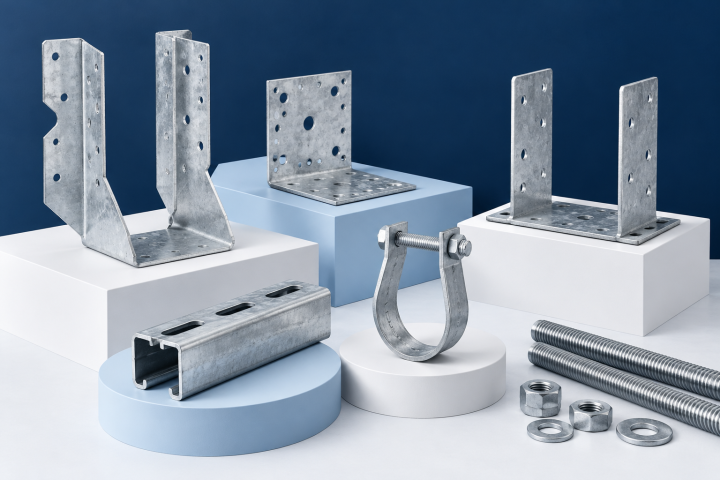 Illustration of galvanized connectors, post supports and strut hardware for a construction hardware manufacturer